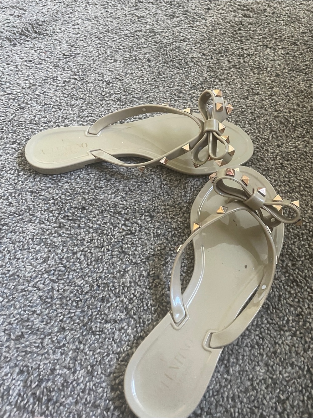 Valentino Garavani Nude Jelly Bow Flip Flops with Gold Studs